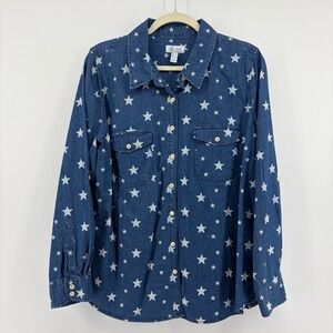 Denim & Co Star Print Denim Shirt Blue Womens Large Long Sleeve Roll Tab Button